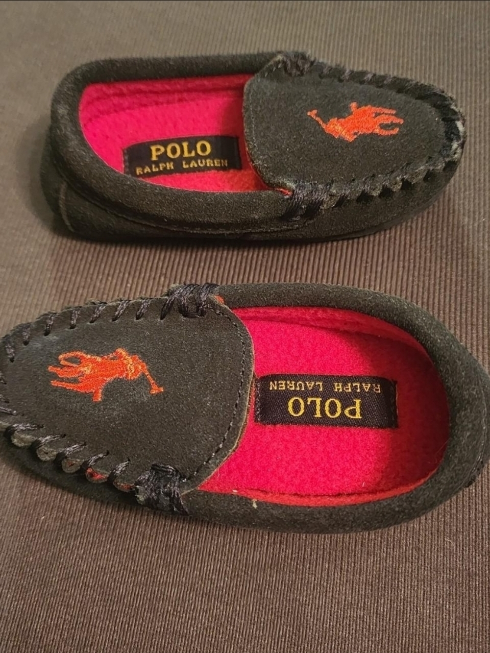 Polo Ralph Lauren kids' moccasin slippers in a black microsuede style featuring